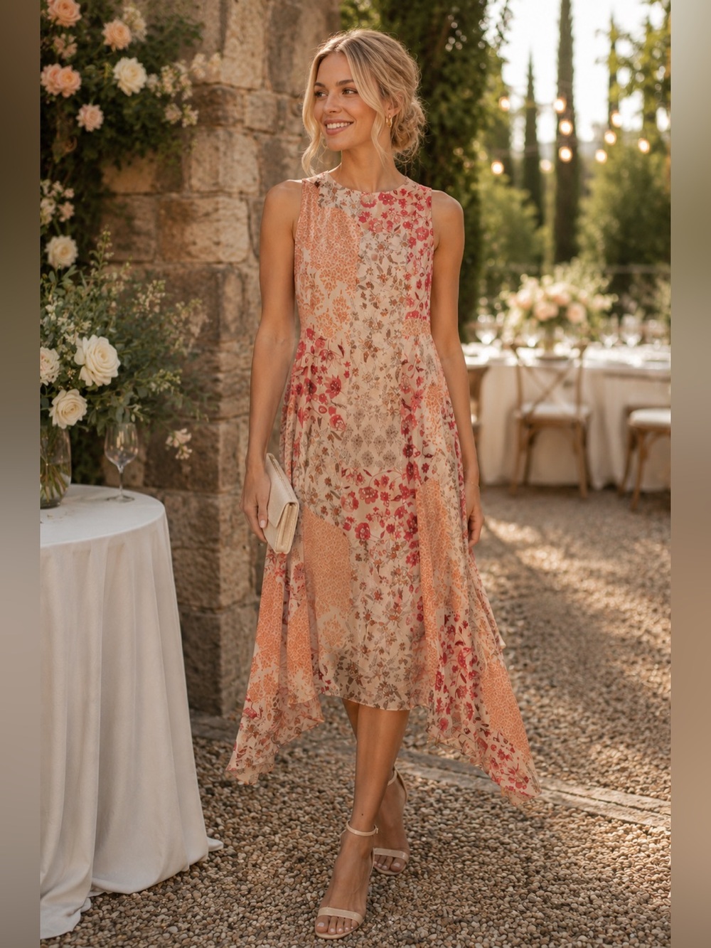 Sleeveless Floral Patchwork Midi Dress in Peach